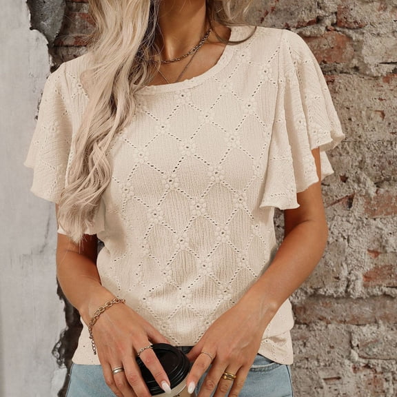 Conairie Ruffle Sleeve Tops For Womens Solid Slim Crew Neck T Shirts Breathable Soft Work Tee Pullover Outfits Beige XXL