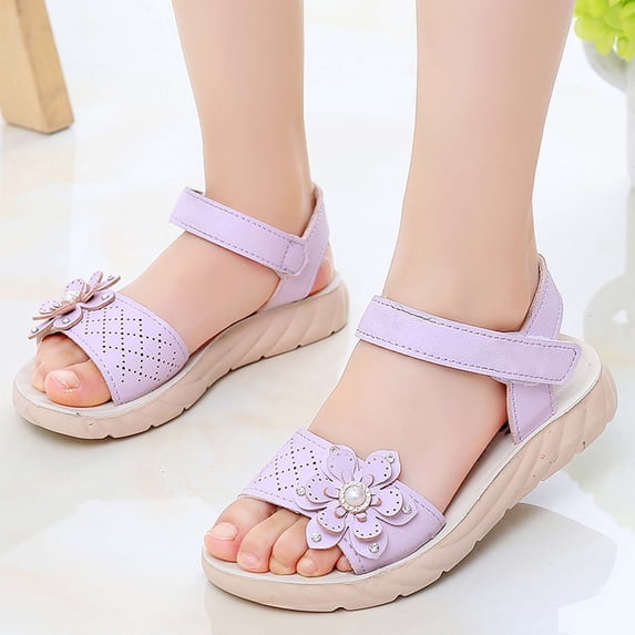 Conairie Sandals For Girls Open Toe Adjustable Hook And Loop Flower Princess Sandals Kids Fashionable Soft Summer Hiking Sandals Light Purple 3.5-4 Y