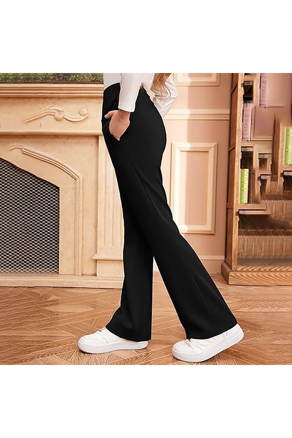 School Uniform Pants For Girls Pull On Flare Leg Stretch Slim Fit Kids Chino Pants Comfortable Classic Twill Trousers With Pockets Black