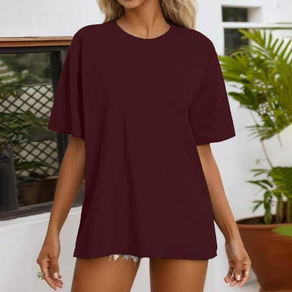 Conairie Short Sleeve Shirts for Womens Casual Loose Crew Neck Tunic Tops Solid Trendy Lightweight Basic Work Tee Vacation Clothes M