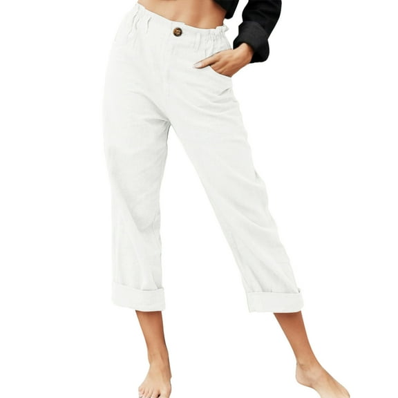 Conairie Straight Leg Pants Women Solid Color Mid Waisted Zipper Elastic Button Waist Pants Long Trousers Outdoor Activities Trendy Vacation Outift 2026 White S