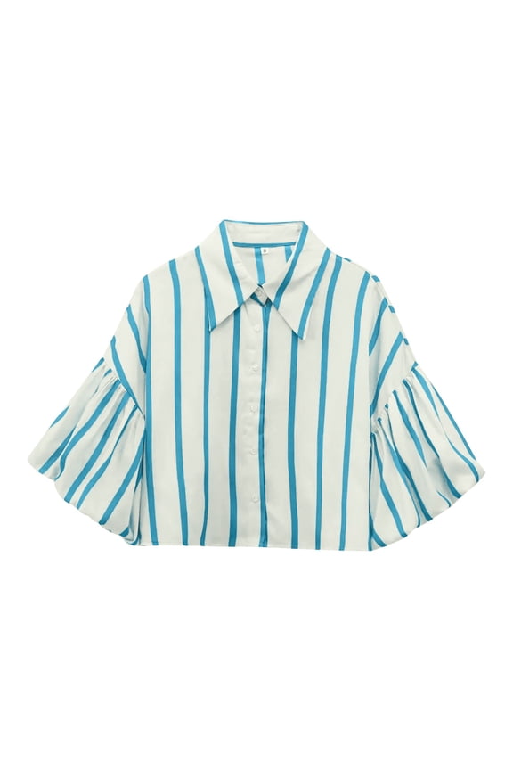 Striped Shirt Women Short Sleeve Casual Fashion Regular Fit Collar Button Down Shirt Lightweight Comfort Classic Tee Light Blue L