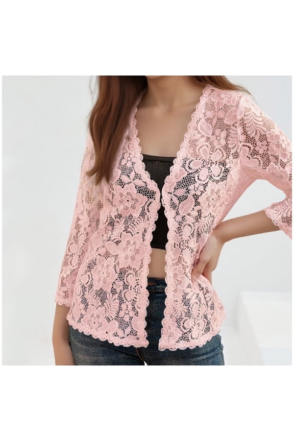 Summer Cardigan For Womens Long Sleeve Solid Color Crochet Tops Lightweight Boho Beach Vacation Shirts Pink S