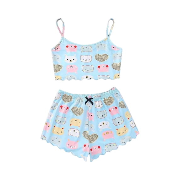 Conairie Summer Pajamas for Women Set Scoop Neck Sleeveless Tops and Shorts Pj Set Graphic Soft Nightwear 2 Piece Loungewear Sets Sky Blue XL