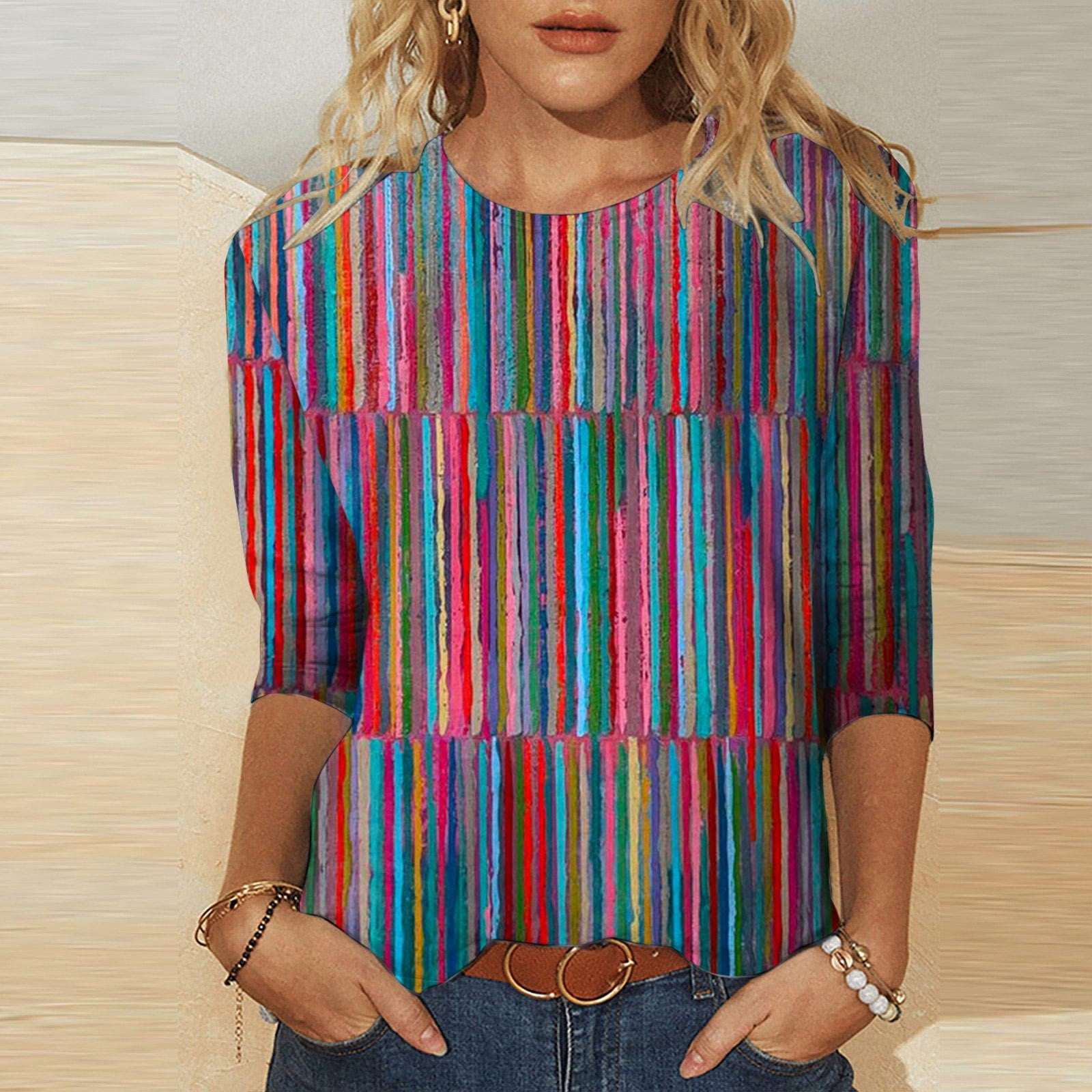 Conairie Summer Shirts for Women Casual Stripe Loose 3/4 Sleeve Crew ...