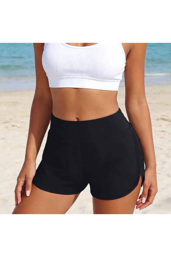 Swim Shorts Women Full Coverage High Waisted Swimsuit Lightweight Solid Color Ruched Scrunch Swim Bottom Black L
