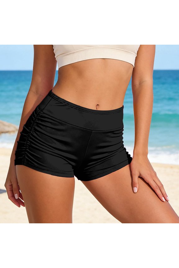 Swim Shorts Women High Cut Full Coverage Bathing Suit Lightweight Solid Color Ruched Scrunch Swim Bottom Black L
