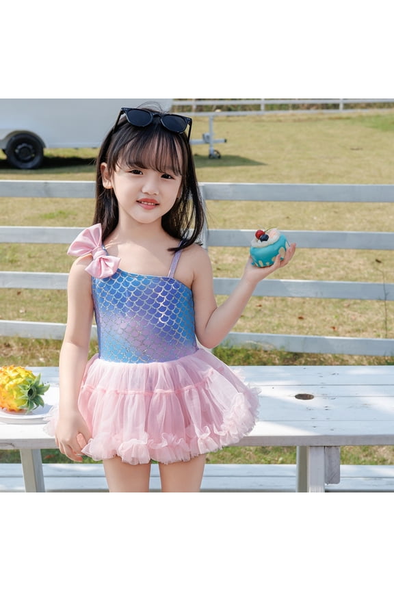 Swimsuit for Girls One Piece Cute Scale Print Kids Ruffle Skirt Bathing Suit with Sun Protection Adjustable Straps Swimwear Summer Swim with Swi Pink