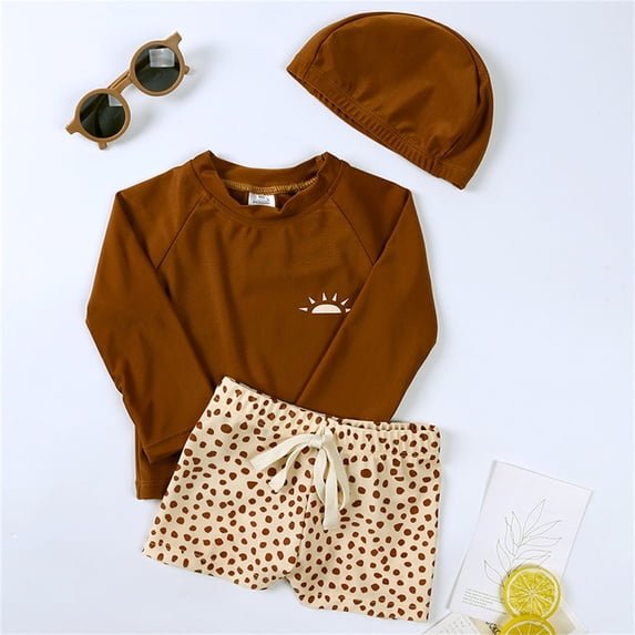 Conairie Swimsuit for Boy 3 Piece Short Sleeve Rash Guard Swim Shirt Trunk Swimwear Sets with Swim Cap Summer Beach Breathable Bathing Suits Brown