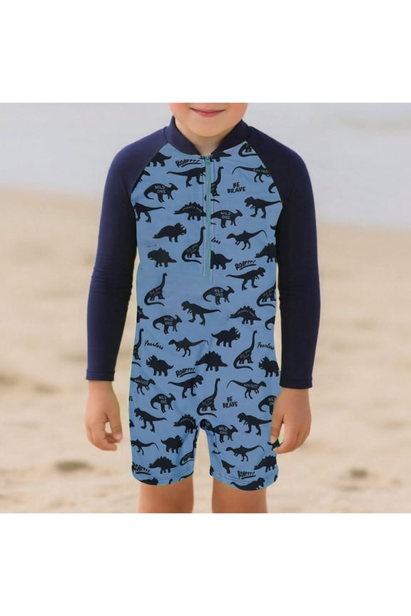 Swimsuit for Boy One Piece Stretch Long Sleeve Rash Guard Bathing Suit with Zipper Summer Beach Comfortable Swimwear Blue