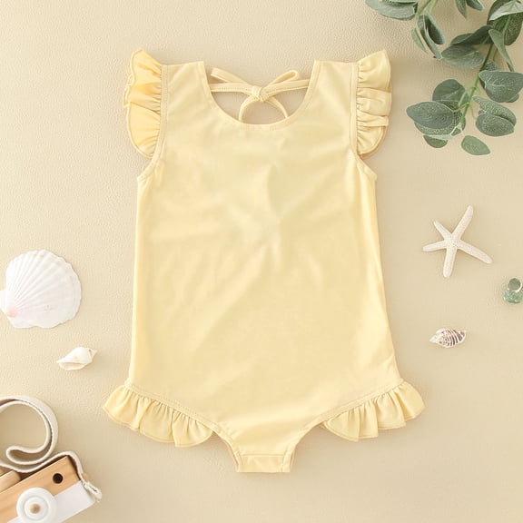 Conairie Swimsuit for Girl One Piece Cute Scale Print Bathing Suit with Sun Protection Ruffles Swimwear Beige