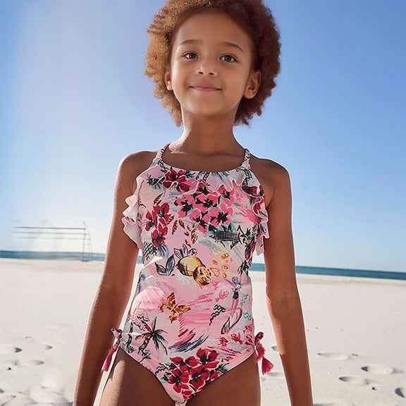 Conairie Swimsuit for Girl One Piece Cute Scale Print Bathing Suit with Sun Protection Ruffles Swimwear Pink