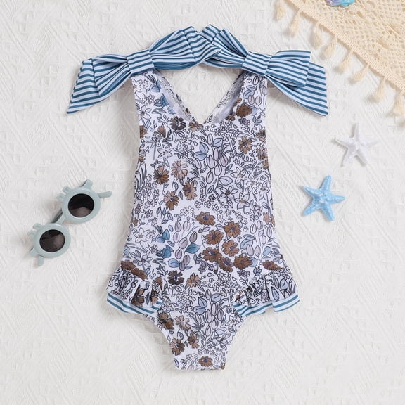 Conairie Swimsuit for Girl One Piece Cute Scale Print Bathing Suit with Sun Protection breathable Ruffles Swimwear Blue