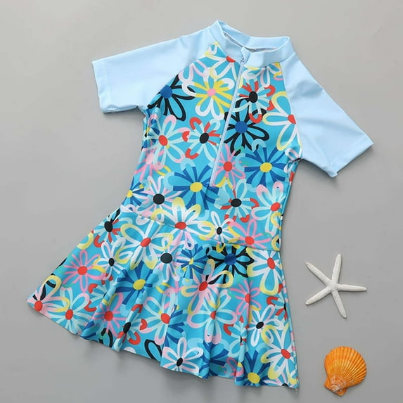 Conairie Swimsuit for Girl One Piece Cute Scale Print Bathing Suit with Sun Protection breathable Ruffles Swimwear Sky Blue