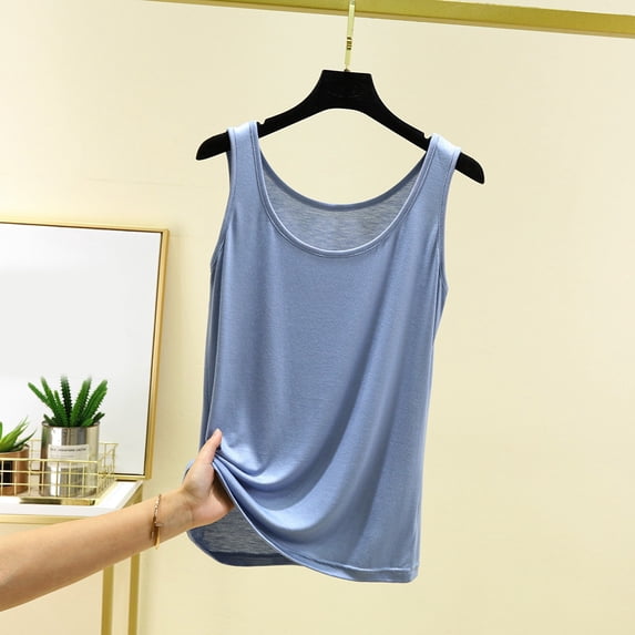 Conairie Tank Tops For Women Scoop Neck Sleeveless Slim Fitted Ribbed Knit Basic Blouses Solid Color Y2K Camisole Shirts Blue M