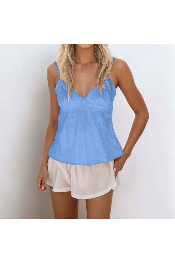 Tank Tops For Women Solid Color V Neck Adjustable Spaghetti Straps Basic Blouses Y2K Going Out Cami Top Blue L