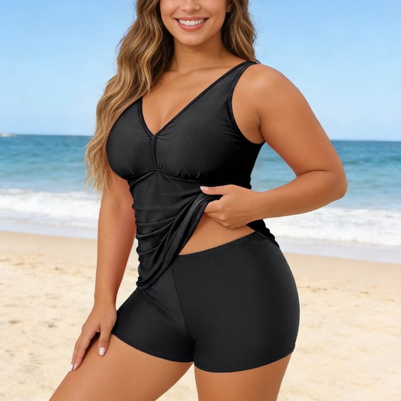 Conairie Tankini Sets For Womens High Waisted Swimsuit Two Piece Loose Bathing Suit Sleeveless Tops And Boyshort Floral Print Swimwear Summer Outfits Clothes Black 4XL