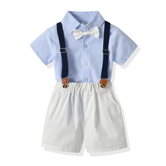 Conairie Toddler Baby Boy Outfits Dress Clothes Suit Cotton Short Sleeve Shirts Bowtie Suspender Shorts Set Blue 18-24 M