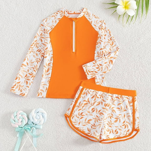 Conairie Two Piece Girls Swimsuit Set Long Sleeve Rash Guard Bathing Suit Breathable Summer Beach Swimwear Orange