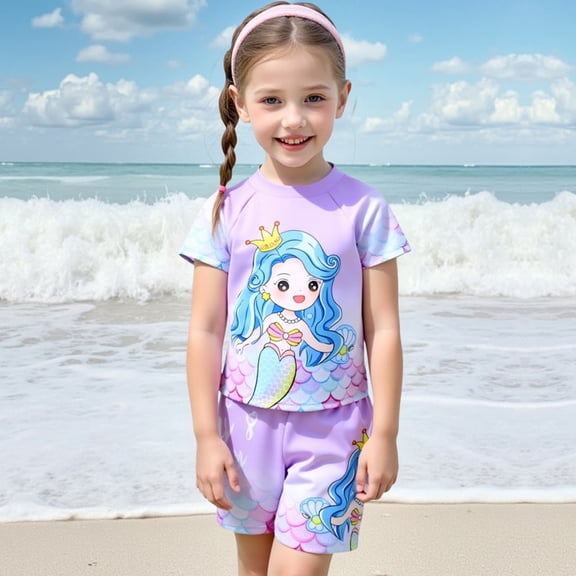 Conairie Two Piece Girls Swimsuit Set Short Sleeve Rash Guard Bathing Suit Lightweight Summer Beach Swimwear Purple