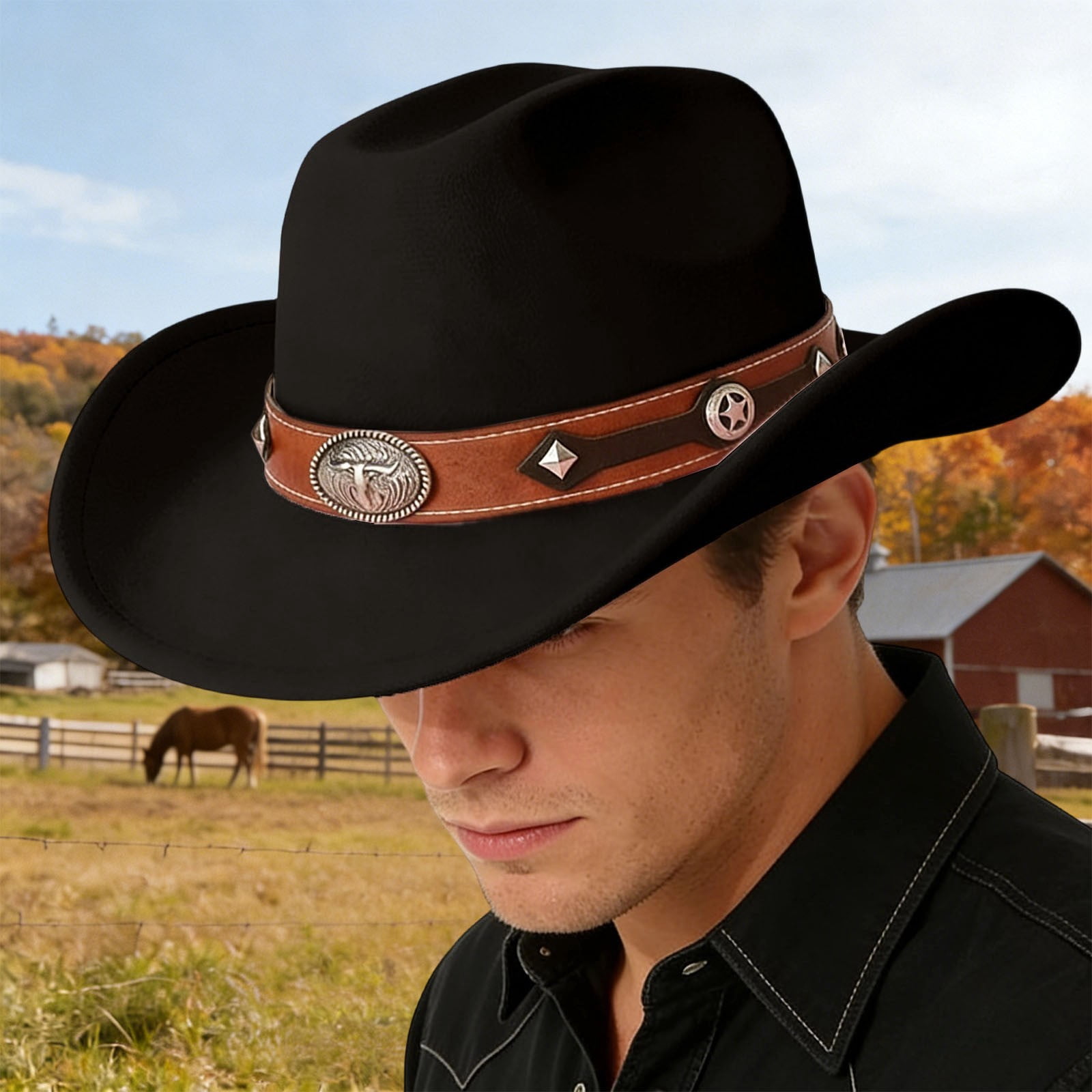 Conairie Unisex Classic Western Cowboy Hat Retro Wide Brim Felt Summer ...