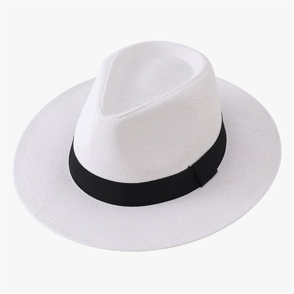 Conairie Unisex Straw Cowboy Sun Hat Flat Brim Wide Brim Summer Beach UV Protection Breathable Roll Up Fedora Cap White1