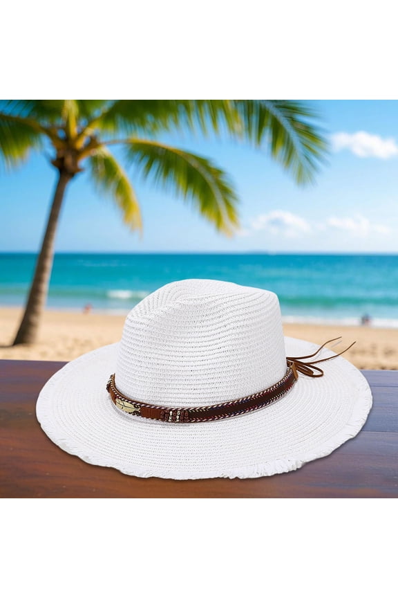 Unisex Summer Straw Fedora Hat with Feather Decoration Beach Vacation Sun Protection Wide Brim Casual Style White