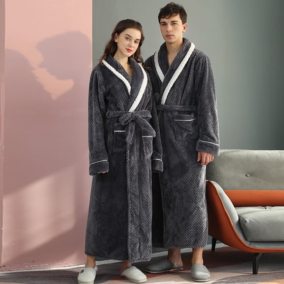 Conairie Unisex His and Hers Valentines Robes Flannel Long Length Matching Robes for Couples Warm Thickened Bathrobe Plus Size Shower Robe Sleepwear Grey XL
