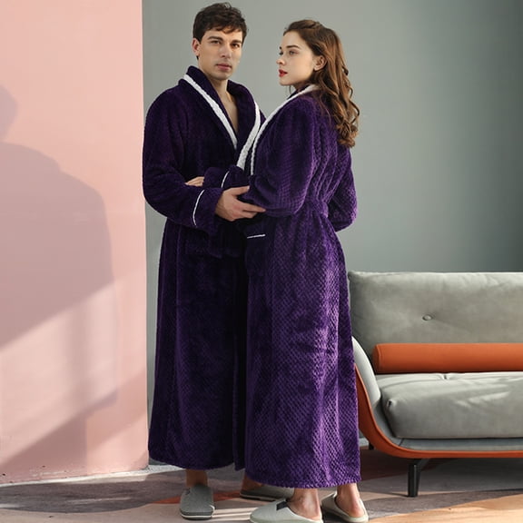 Conairie Unisex His and Hers Valentines Robes Flannel Long Length Matching Robes for Couples Warm Thickened Bathrobe Plus Size Shower Robe Sleepwear Purple XL