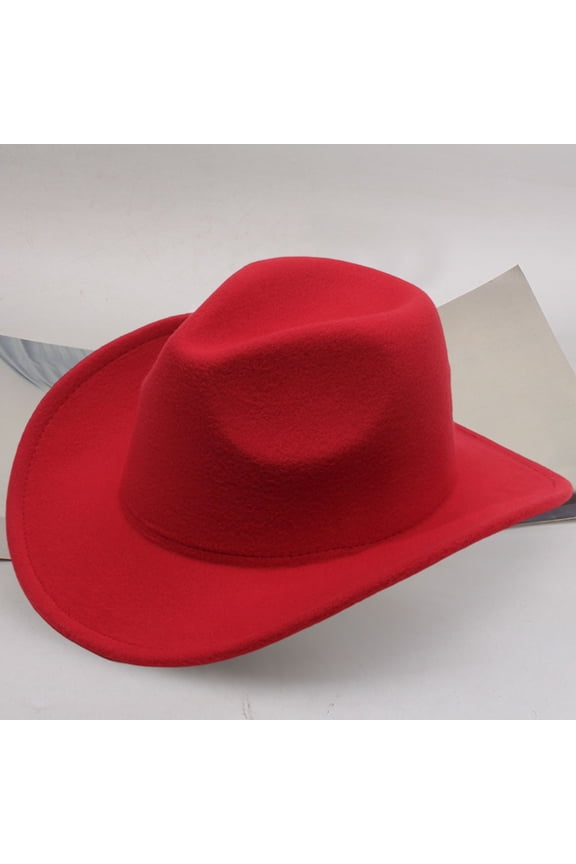 Unisex Western Cowboy Fedora Hat Retro Flat Brim Felt Performance Wide Brim Jazz Cap Outdoor Summer Red