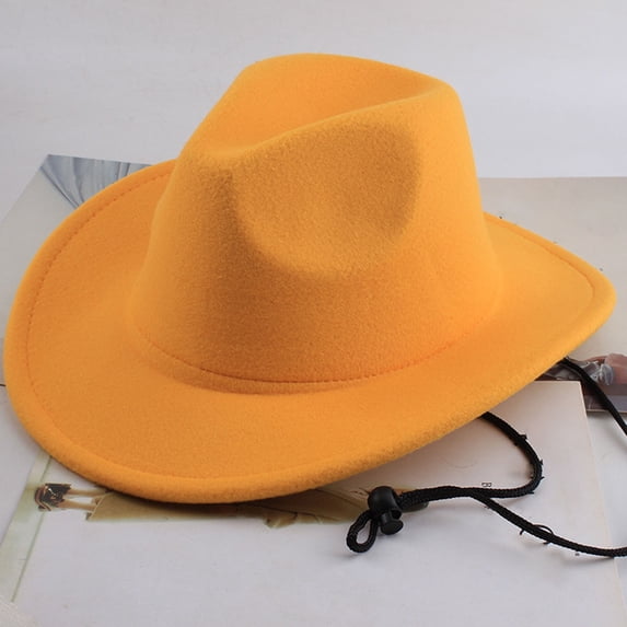 Conairie Unisex Western Cowboy Fedora Hat Retro Flat Brim Felt Performance Wide Brim Jazz Cap Outdoor Summer Yellow