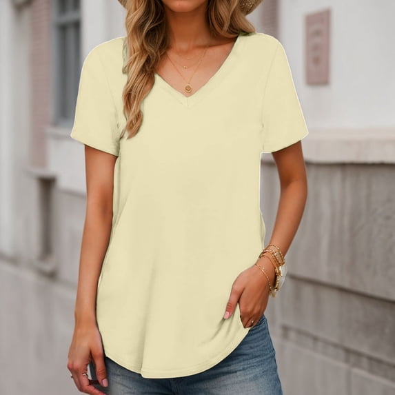 Conairie V Neck Shirts For Women Solid Loose Short Sleeve Tunic Tops Breathable Fashion Tee Blouse Workout Clothes Light Yellow L