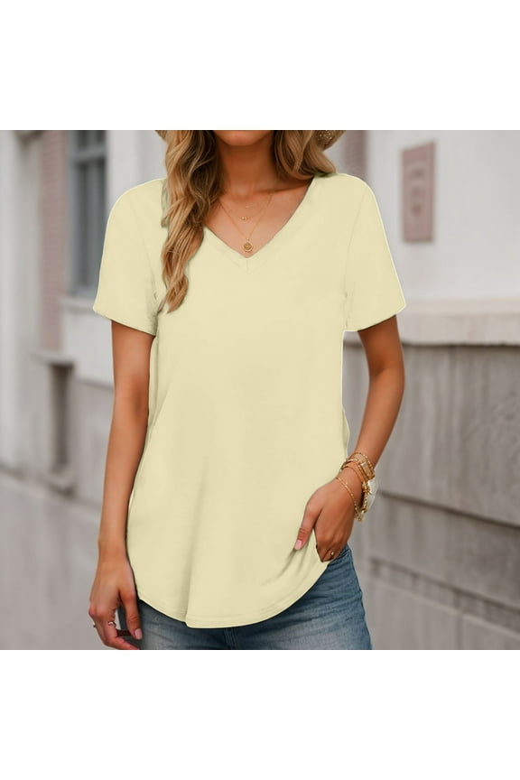 V Neck Shirts For Women Solid Loose Short Sleeve Tunic Tops Breathable Fashion Tee Blouse Workout Clothes Light Yellow L