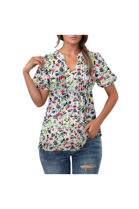V Neck T Shirts For Women Loose Floral Print Short Sleeve Tunic Tops Lightweight Dressy Casual Blouses Basic Tees Watermelon Red S