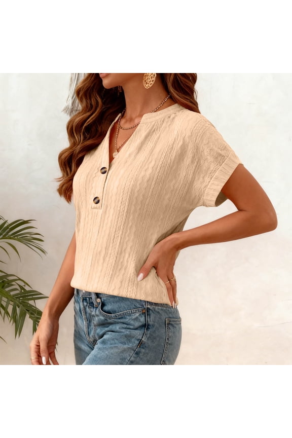 V Neck T Shirts for Women Short Sleeve Solid Color Half Button Down Layering Shirts Loose Fit Blouses Beige M