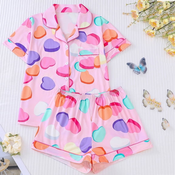 Conairie Valentines Day Pajamas Women Heart Print Cute Button Down Shirt And Shorts Pj Set Sleepwear Soft 2 Piece Outfits Loungewear Sets Red L