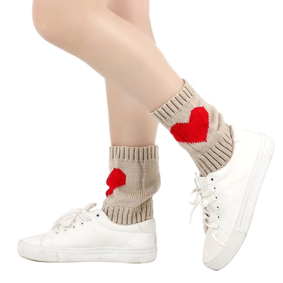 Conairie Valentines Day Socks for Women's Heart Print Mid Calf Crew Socks Ribbed Knit Dress Boot Socks Beige One Size