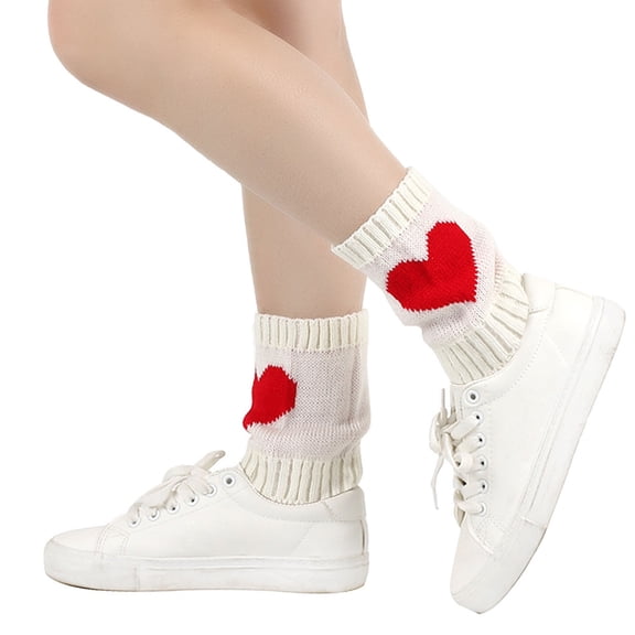 Conairie Valentines Day Socks for Women's Heart Print Mid Calf Crew Socks Ribbed Knit Dress Boot Socks White One Size