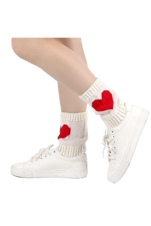 Valentines Day Socks for Women's Heart Print Mid Calf Crew Socks Ribbed Knit Dress Boot Socks White One Size