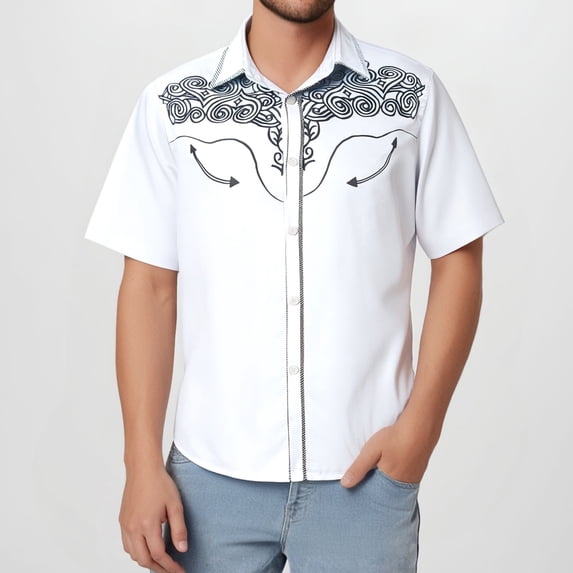 Conairie Western Shirts For Men Embroidered Cowboy Button Collar Short Sleeve Shirt Retro Business Work Office Tops With Floral Design White L