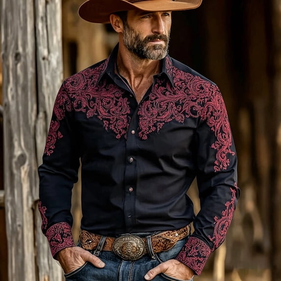 Conairie Western Shirts For Mens Cowboy Embroidered Long Sleeve Button Collar Shirt Retro Business Work Office Tee With Floral Design Brick Red L