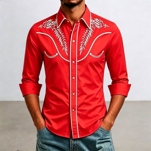 Conairie Western Shirts For Mens Embroidered Cowboy Button Collar Long Sleeve Shirt Regular Fit Business Casual Tee With Floral Design Red L