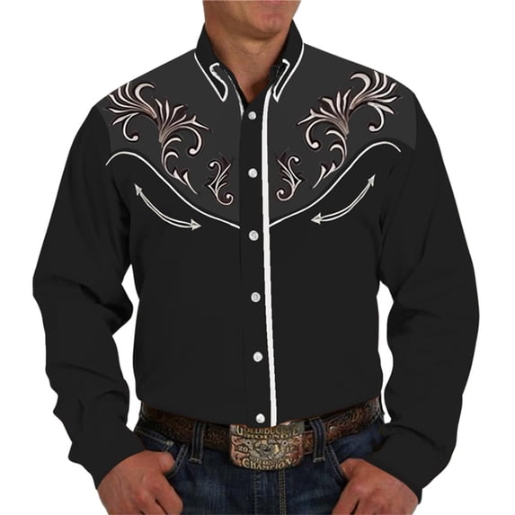 Conairie Western Shirts For Mens Embroidered Cowboy Long Sleeve Button Collar Shirt Retro Business Work Office Tops With Floral Design Grey S