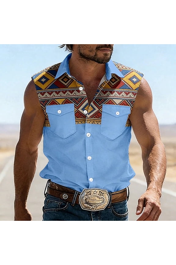 Western Shirts For Men Sleeveless Button Collar Cowboy Embroidered Shirt Regular Fit Business Work Office Tee With Floral Design Sky Blue XXXXXL