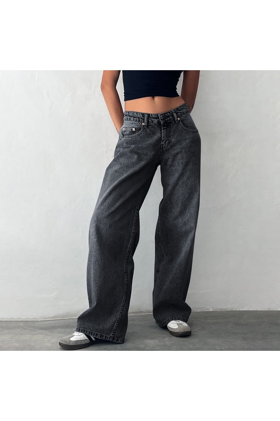 Wide Leg Jeans Woman High Waist Washed Straight Jeans Solid Color Casual Street Denim Pants with Pocket Dark Gray XS