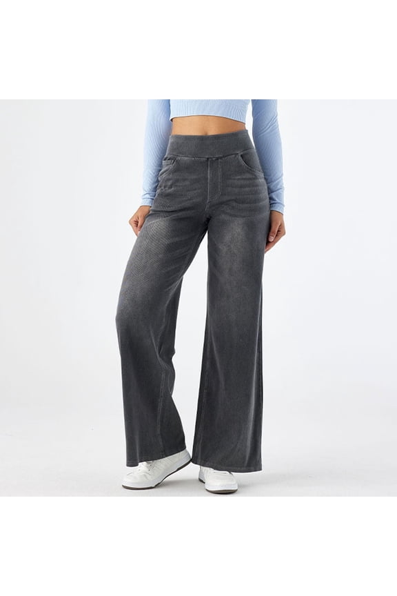 Wide Leg Jeans for Women Stretchy Trendy Pull on High Waisted Straight Denim Pants Casual Comfy Long Baggy Jeans Fall Grey L