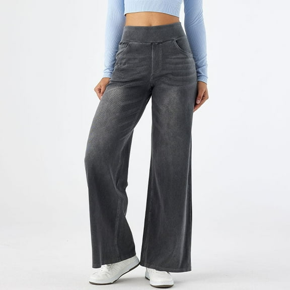 Conairie Wide Leg Jeans for Women Stretchy Trendy Pull on High Waisted Straight Denim Pants Casual Comfy Long Baggy Jeans Fall Grey S