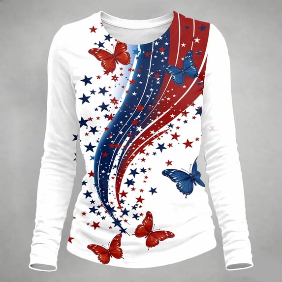 Conairie Women 4th of July Shirt Relaxed Fit Crew Neck Long Sleeve Patriotic T Shirts With Letter Print Basic Blouses Vacation Clothes White S