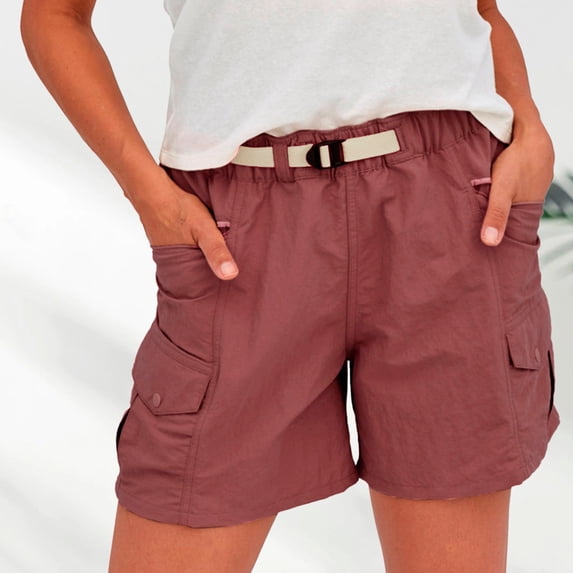 Conairie Women Belted Cargo Shorts Solid Color Drawstring Utility Casual Summer Shorts with Pockets Pink L