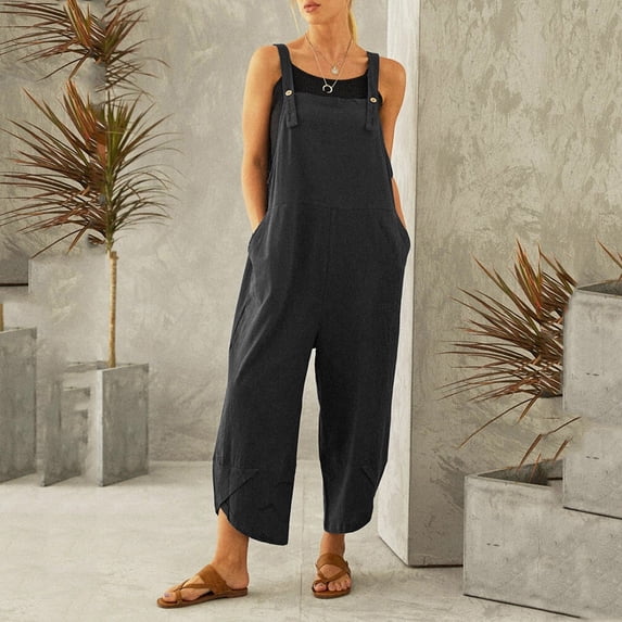 Conairie Women Bib Overalls Solid Color Lightweight Boho Streetwear Rompers Wide Leg Pants With Pockets Black XXXXL